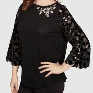 Ruby Rd Black Knit Embellished Scoop Neck 3/4 Lace Sleeve Top - S